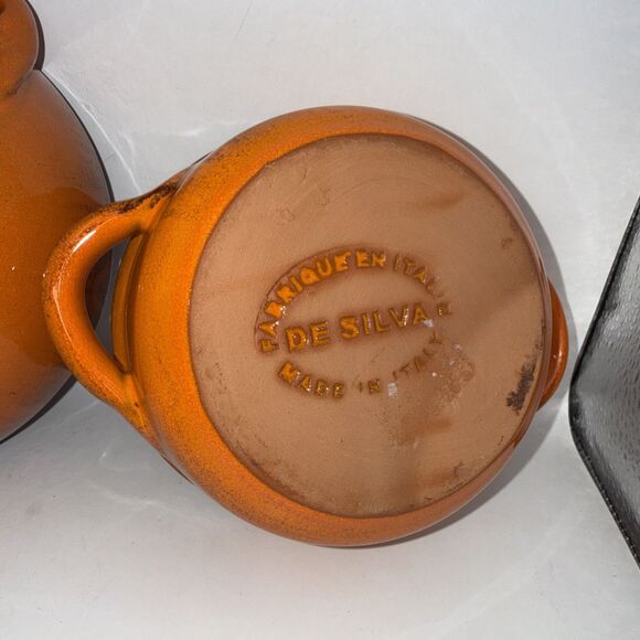 De Silva Double Handled Orange Terracotta Soup Casserole Bowl & Side Dish ITALY - Picture 5 of 7